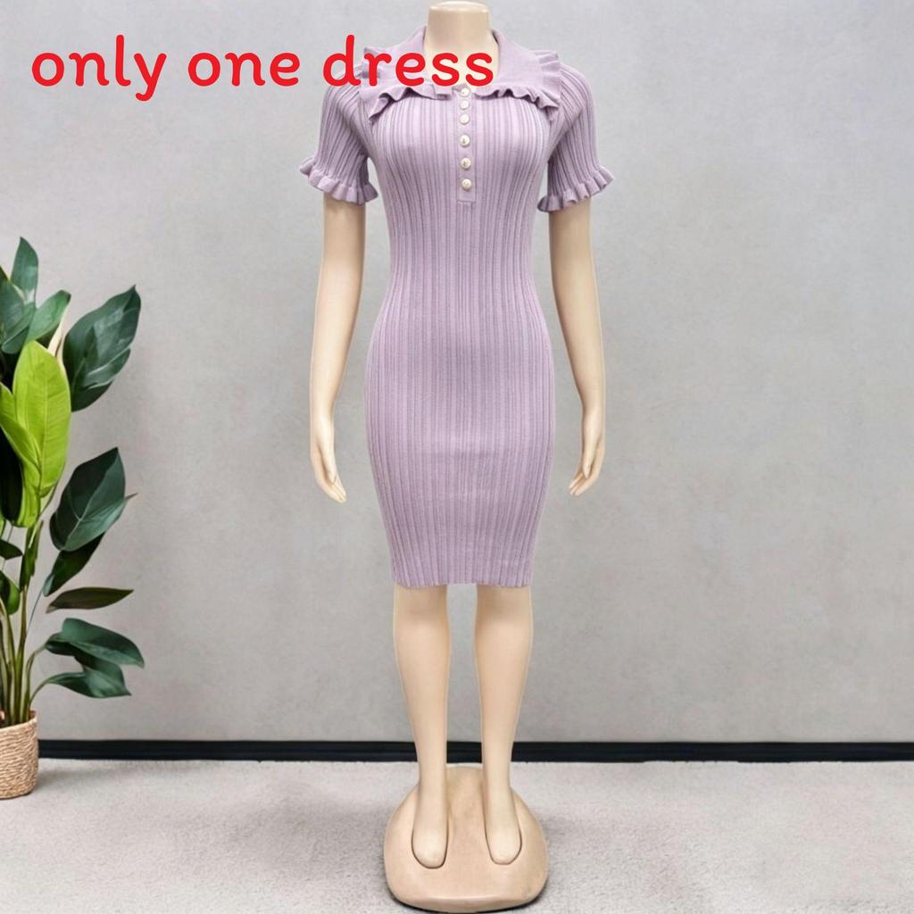 Vintage French Style Knit Dress With Puff Sleeves For Summer Casual Wear