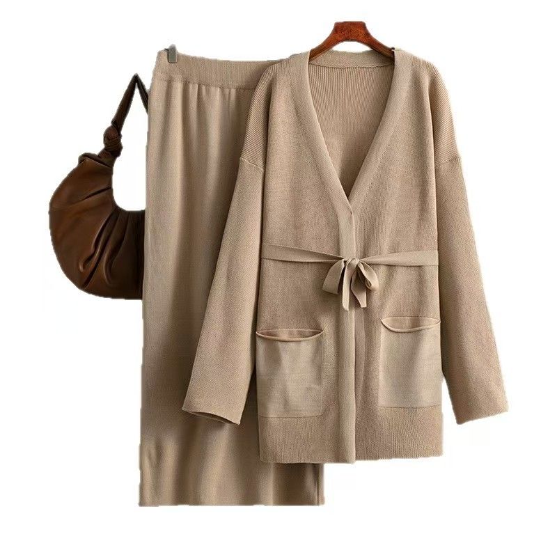 Fashion Wind V-neck Lace-up Knitted Cardigan Top Skirt Suit Knitted Top and Skirt Set