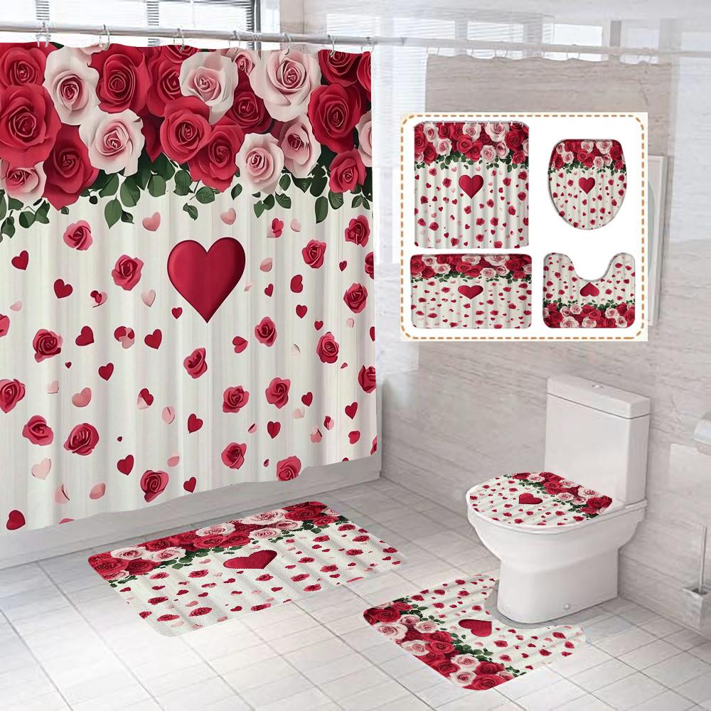 

Red Rose Flowers Bathroom Curtains Print Fabric Shower Curtain Set Bath Mats Rugs Toilet Lid Cover Anti-Skid Carpet Home Decor W60H190(CM)-1 Pcs