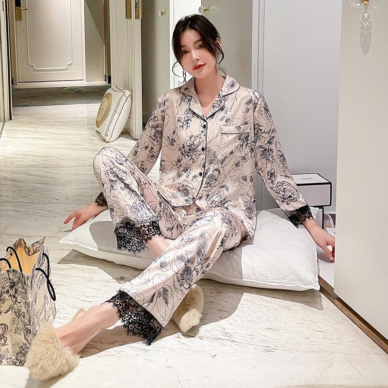 Women's Korean Style Silk Pajama Set - Long Sleeve Cardigan and Pants