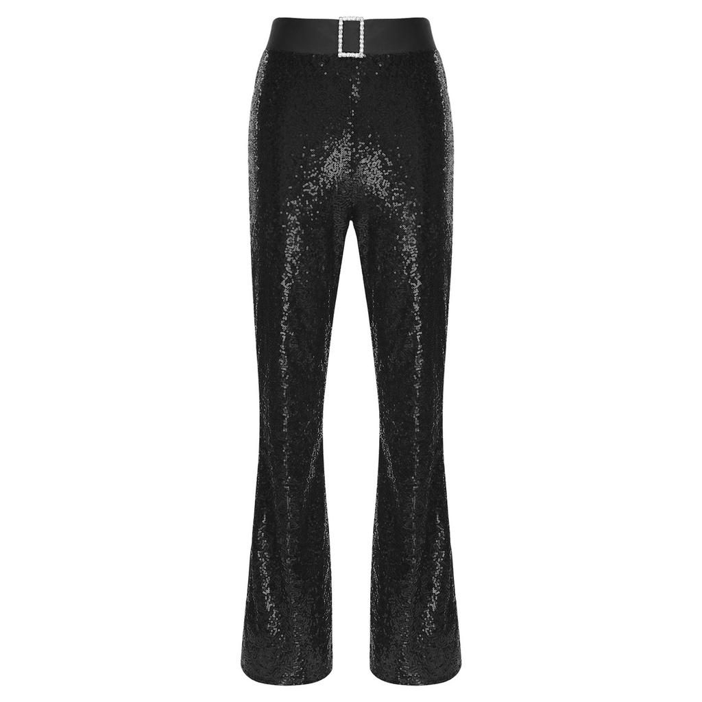 Womens Glittery Sequin Jazz Dance Pants Flared Design Elastic High Waist Rhinestone Decor Bell Bottom Trousers