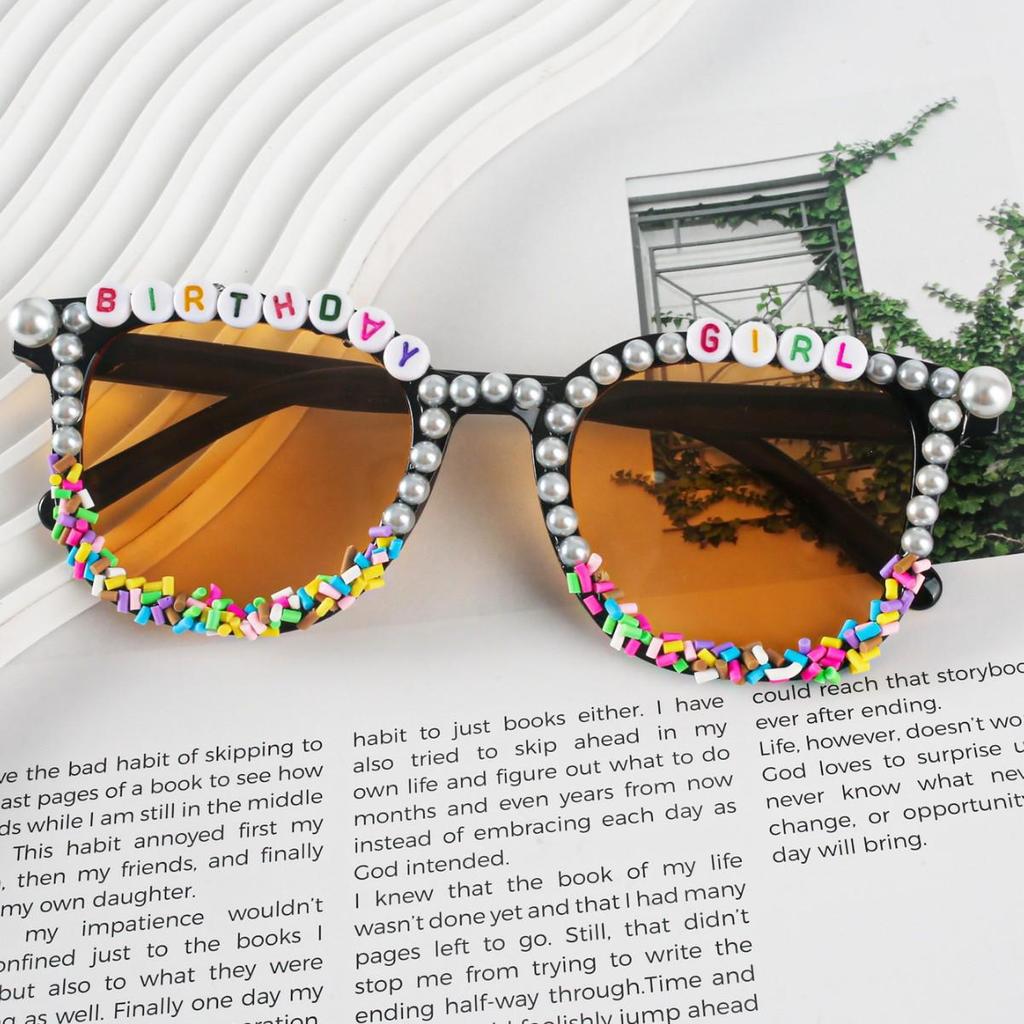Unisex Square Pearl Sunglasses with Custom English Letters, Handmade Party Accessory