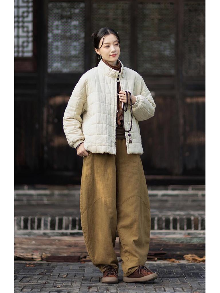 Women's Winter Quilted Plaid Stand Collar Coat - Chinese Retro Style
