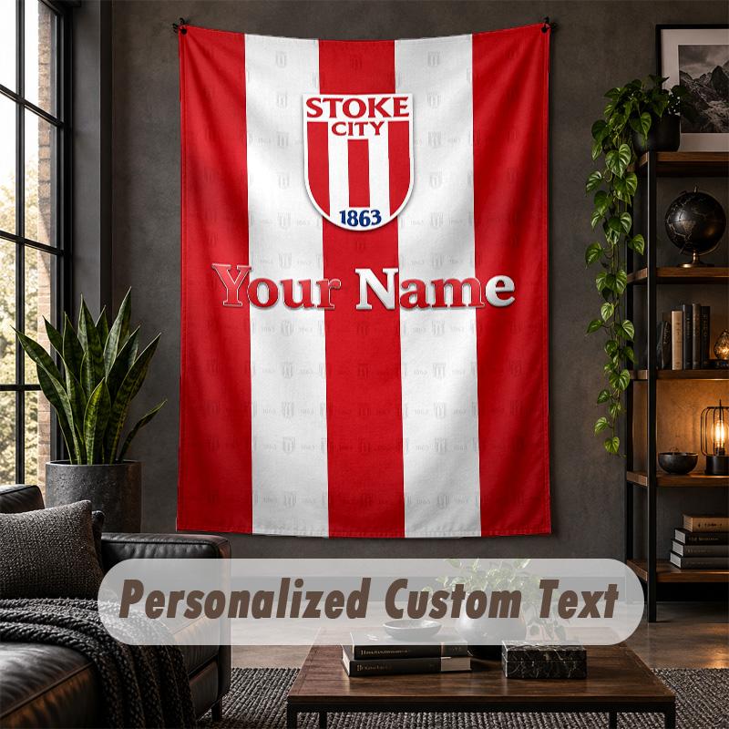 Personalisierte Wandtapisserie, Stoke City FC Benutzerdefinierter Text, Weiche Stoff-Wandkunst für die Innendekoration