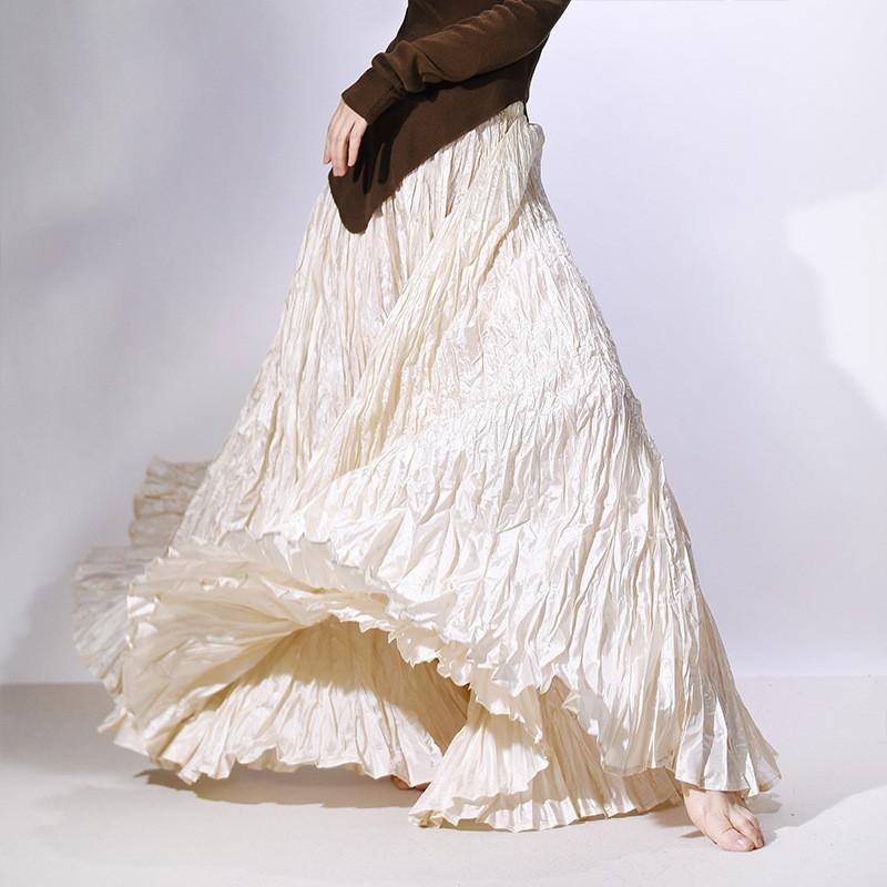 

Qooth Textured Pleated Maxi Skirt Floor-Length Draped Skirt Relaxed & Elegant Style QT2835