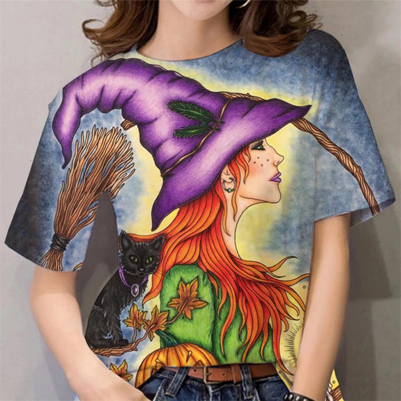 Halloween Pattern T Shirt For Women Witch 3D Printed Short Sleeves Summer Casual Oversized T-Shirts O-Neck Tops Tees Streetwear