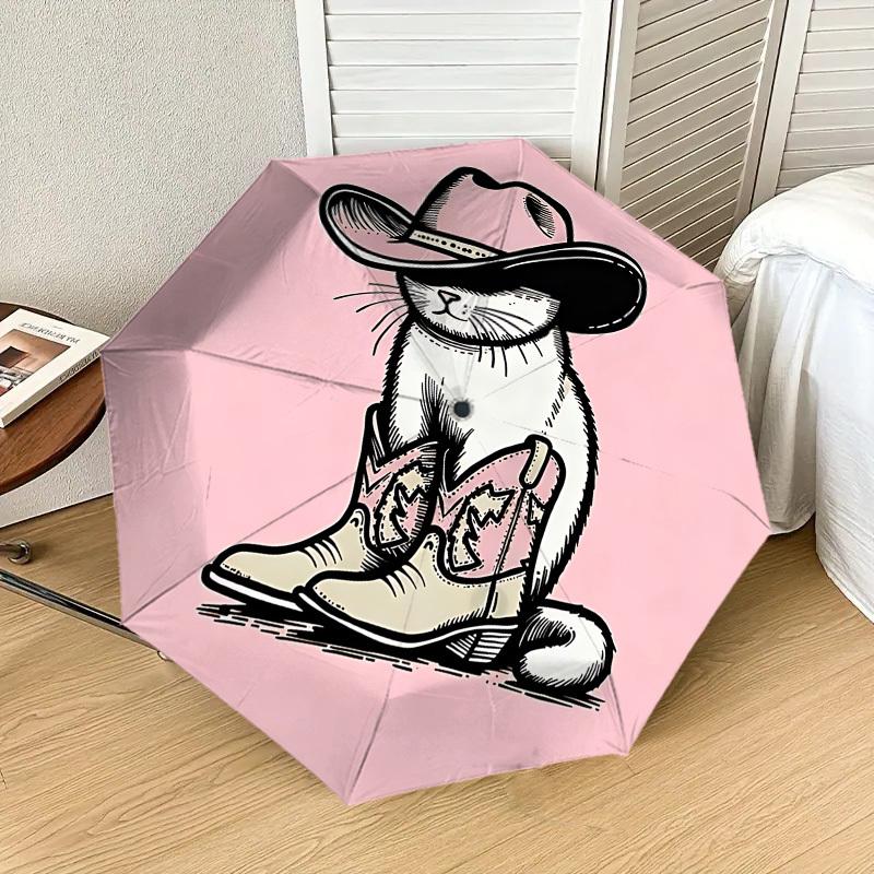 Western Cat Cowboy Hat & Boots Print Umbrella   Automatic Opening/Closing, Outdoor Gear, Travel Accessories, Perfect Gift 196