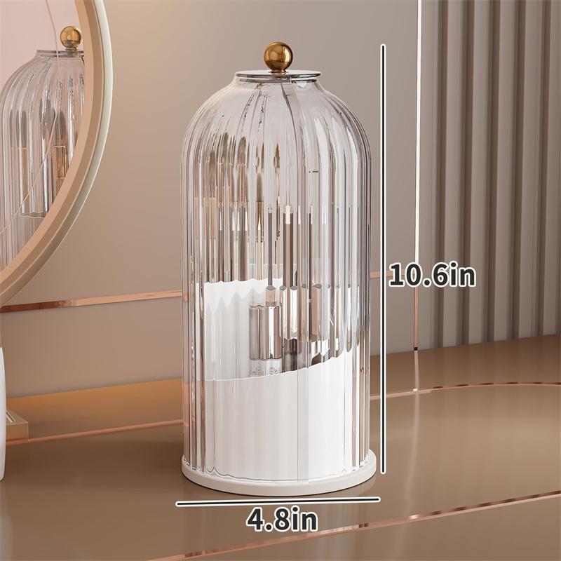 360° Rotating Makeup Brushes Holder with Lid Dustproof 3 Compartment Design Makeup Brushes Organizer Box for Vanity Countertop