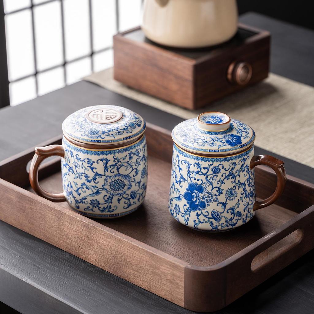 Ru Ware Blue & White Ceramic Office Tea Cup with Lid & Separator