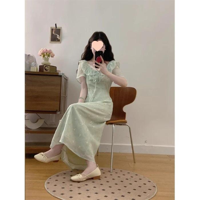 26mm French Lace Embroidered Slim Waist Summer Dress