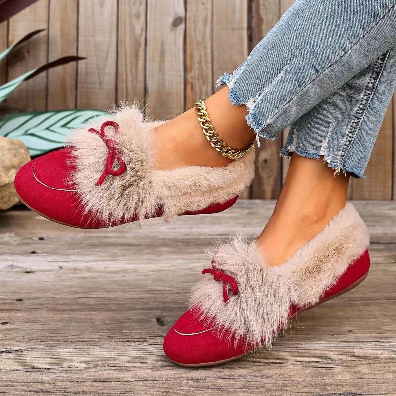 Scarpe Basse Pellicciose Stile Coreano da Donna, Mocassini Slip-On Punta Tonda con Fiocco, Scarpe Invernali Foderate in Peluche Multicolore