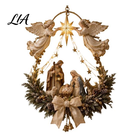 Christmas Star Gift for Family Lighted Nativity Door Swag, Bethlehem of Faith Wall Decor, Light-up Holy Indoor Festive Wreath Hanging Decoration Front