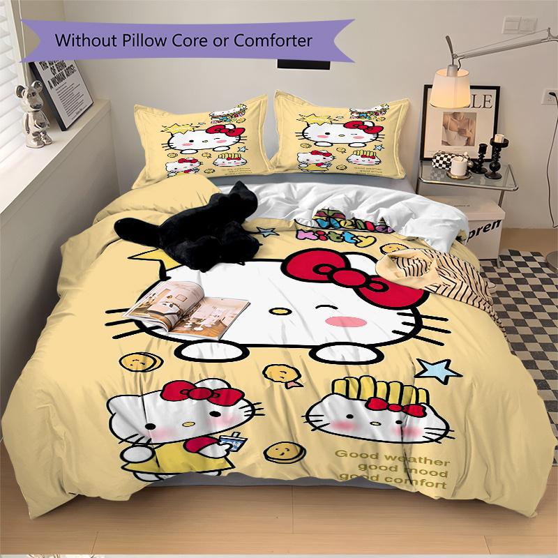 3pcs Lucky Hello Kitty Bedding Set Includes 1 Quilt Cover and 2 Pillowcases, Comfortable Bedding with Stylish Design for Bedroom W059
