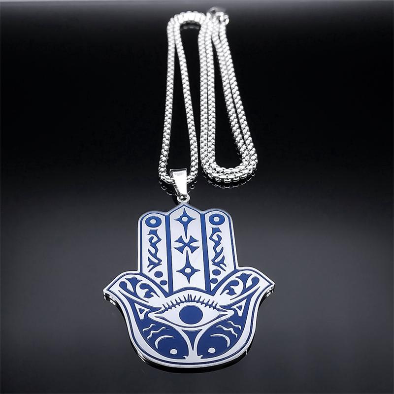 Collier Main de Fatima Hamsa pour Femmes Hommes Acier Inoxydable Couleur Bleue Œil de Turquie Poisson Grand Pendentif Collier Bijoux collier