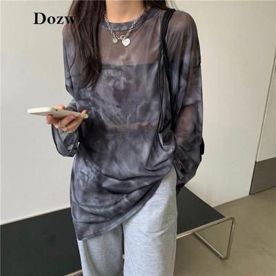 T-shirt Kadın Batik Uzun Kollu Bayanlar Bahar Gevşek Yüksek Sokak Şık Ince Eğlence Minimalist Harajuku Ins Rahat Şık