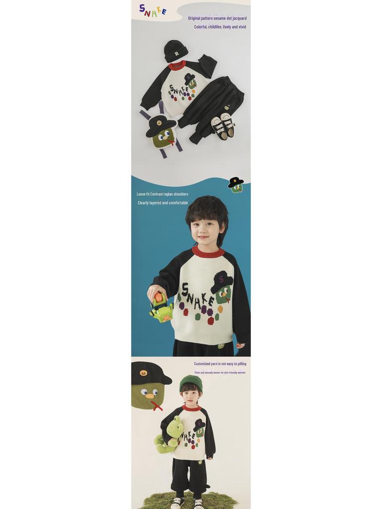 Wulibuyi 2025 Boys' Long-Sleeve Cartoon Snake Sweater – Warm Winter Knit