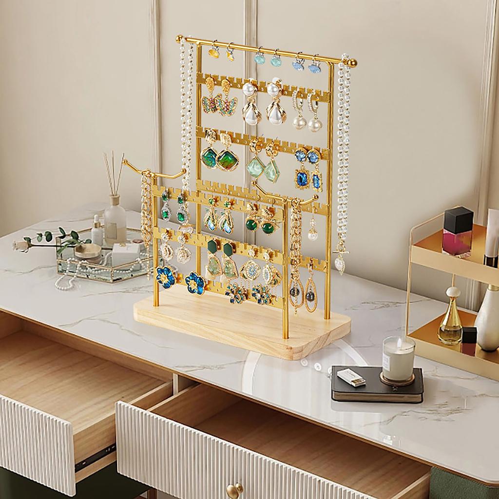 Adjustable Two-Tier Detachable Jewelry Organizer Stand with Multiple Slots and Hooks on Wooden Base for Necklace Bracelet Earrings Display