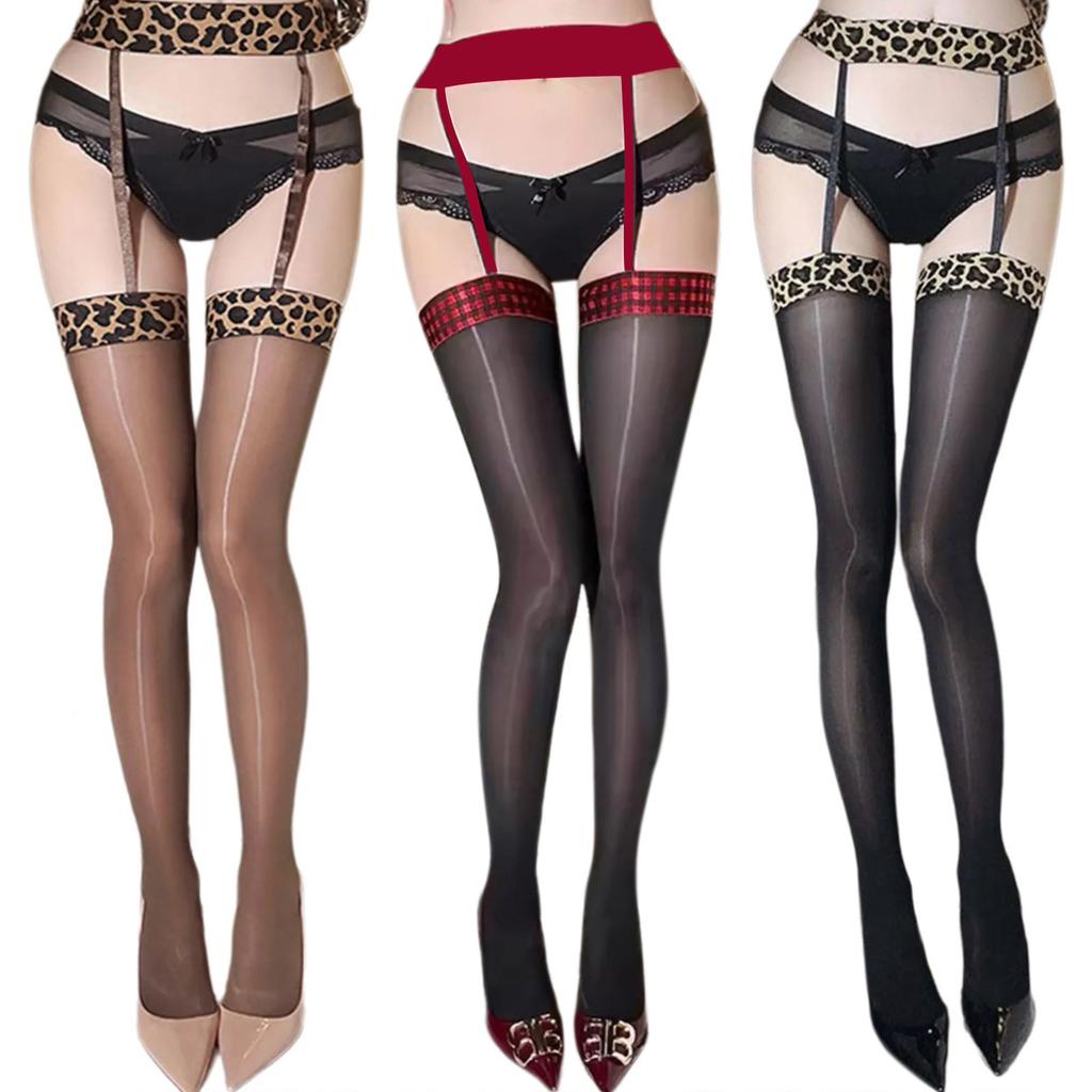 Leopard Pattern Top Garter Belt Attached Thigh High Stockings Oil Glossy Shimmery Suspender Tights Pantyhose for Women