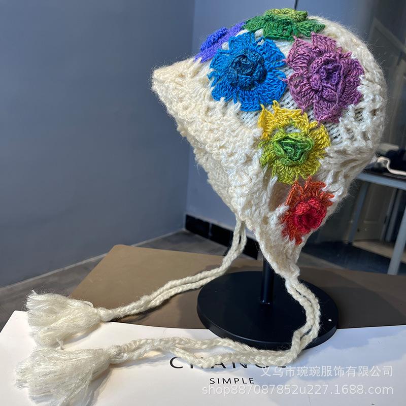 Hot-selling Handmade Crochet Wool Hat Abroad, Pure Cotton Three-dimensional Flower Hollow Women's Head Hat, Fashionable and Casual Pullover Hat