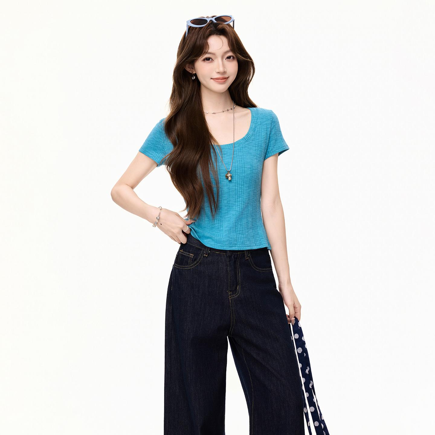 

Korean blue U-neck texture short-sleeved T-shirt women s summer new pit strip slim and thin shoulder top S озеро синий