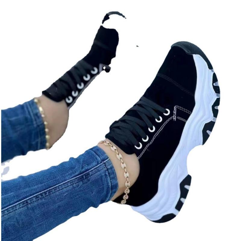 New platform color matching lace-up canvas shoes women's large size low-top casual single shoes sports shoes