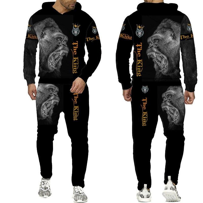 Men Tracksuit 2 Piece Set Autumn and Winter 3d Chimpanzees Printed Hoodies Suit Sport and Casual Male Sweatpants Set Homme