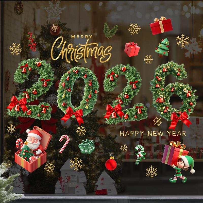 

2026 Christmas Window Sticker Cartoon Santa Claus Gifts Snowflake Glass Decal New Year Home Decoration DIY Electrostatic Sticker