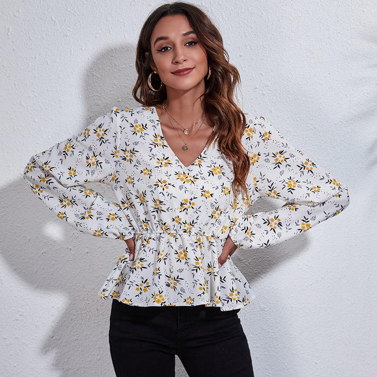 BITCED 19 Floral Checkered Chain Floral Checkerboard Printed Long Sleeve Chiffon Shirt for Women Spring and Autumn