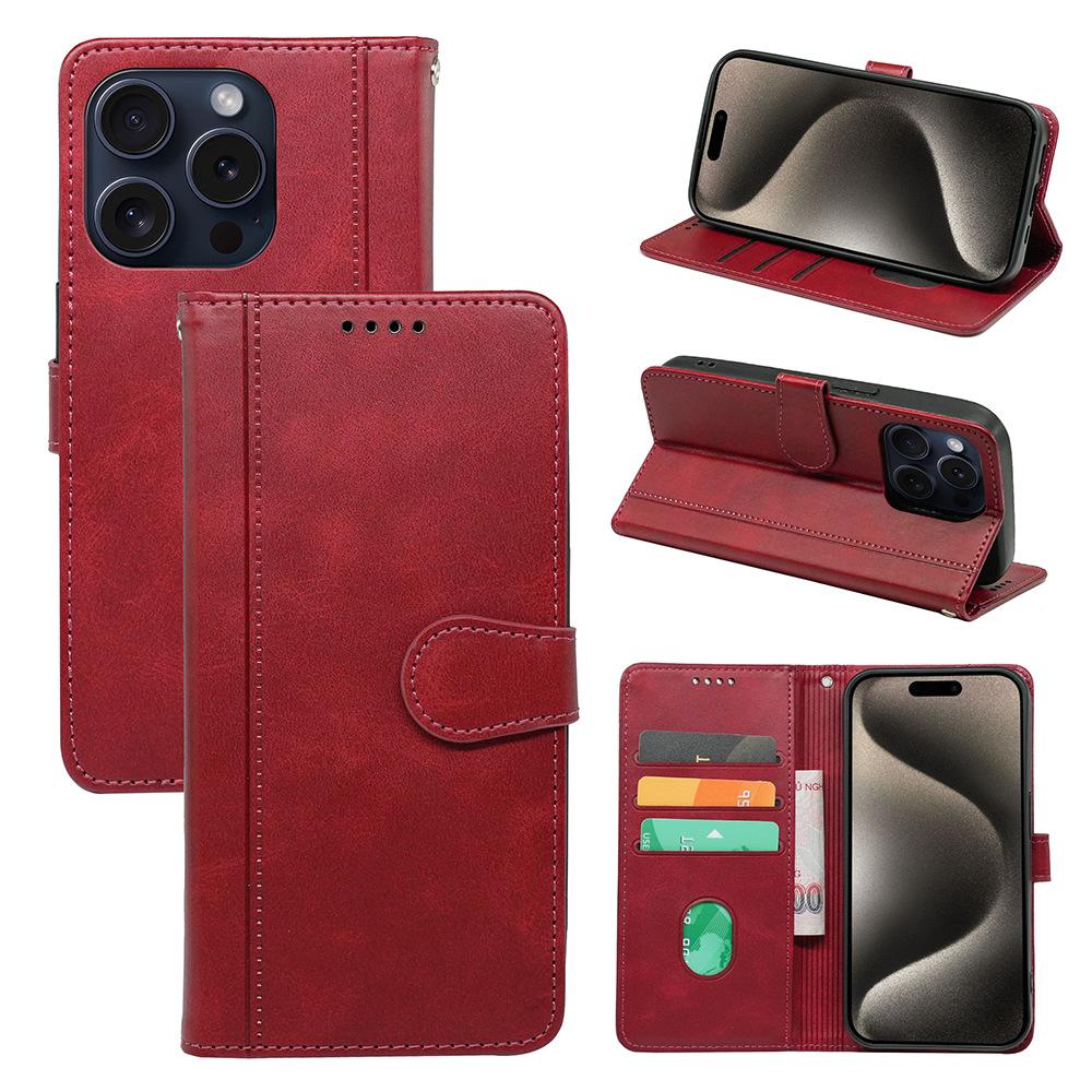 

For iPhone 15 Pro Max Case PU Leather Flip Folio Stand View Phone Cover Red
