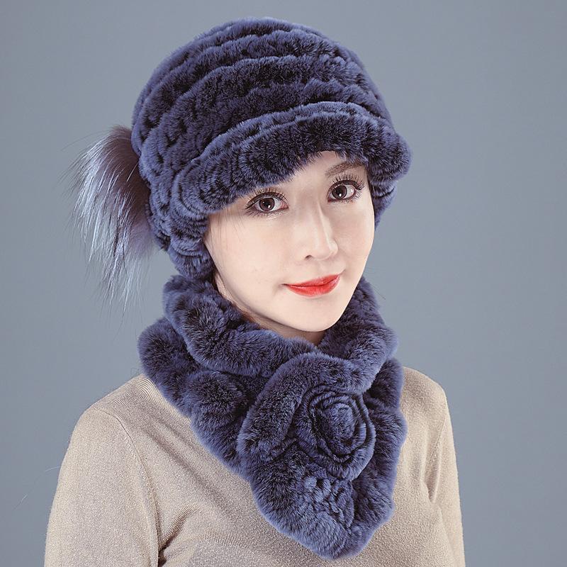 New Rex rabbit hair hat women's autumn and winter ear protection fur woven real hair medium and old thickened versatile scarf set