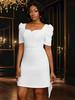 Elegantes weißes A-Linien-Minikleid für Damen mit Herzausschnitt, Puffärmeln, rückenfreiem Stil und großer Schleife, Hochzeitsgast-, Party-, Cocktail-Outfit