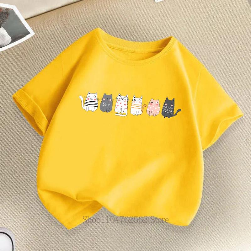 Cute Cat Print Children T-shirts Summer Girls Boys Casual Fashion Kawaii Short Sleeve Tops O-Neck Colorful Kids T-shirts