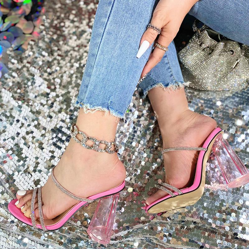 Liyke Summer Fashion Crystal Rhinestone Women Slippers Outdoor Party Open Toe Transparent High Heels Sandals Female Shoes Pumps