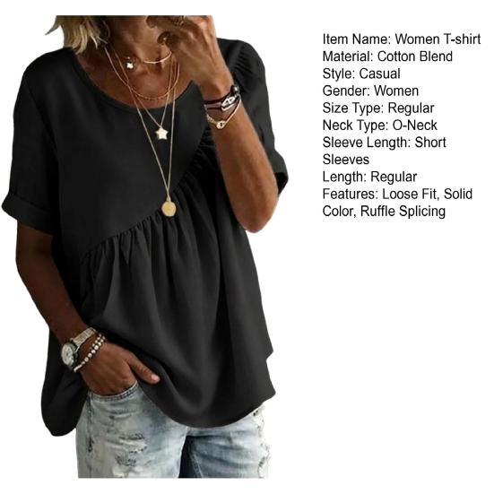 Damen T-Shirt Rundhals Kurzarm Rüschen-Patchwork-Design T-Shirt Einfarbige Lockere Passform