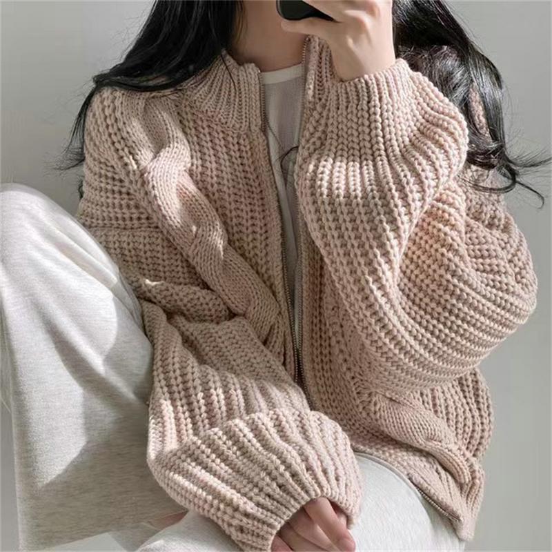 Women Zipper Rib Loose Cardigan Coat Lantern Sleeve Knit Warm Sweater Coat Solid Casual Office Jacket Women Fall Winter