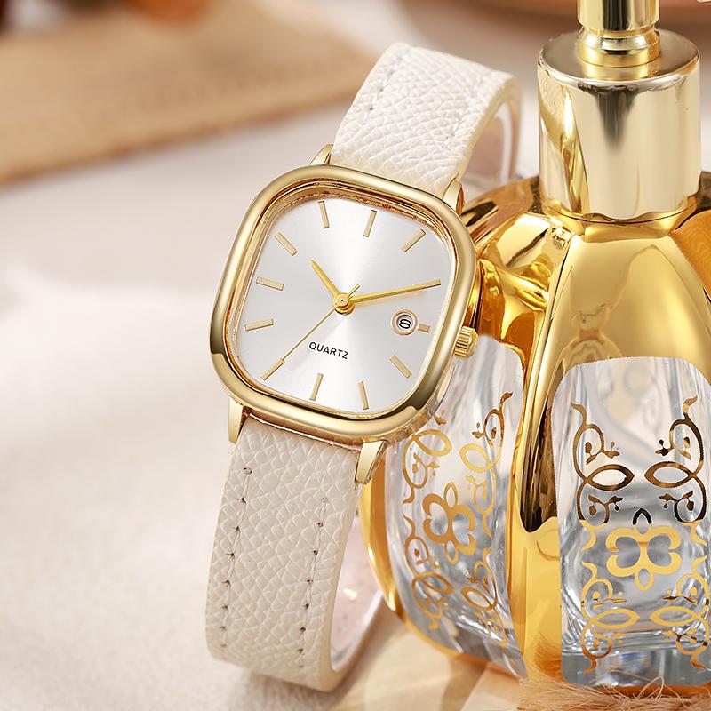 Ladies' small square dial luxury quartz watch, retro gold case with leather strap, simple daily wear