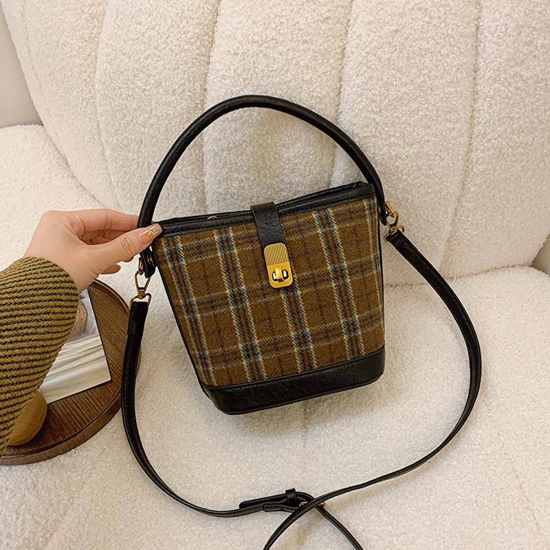 Trendy 2023 Small Shoulder Bag For Women In Coffee And Black Pu Material With Retro Color Block Plaid Design