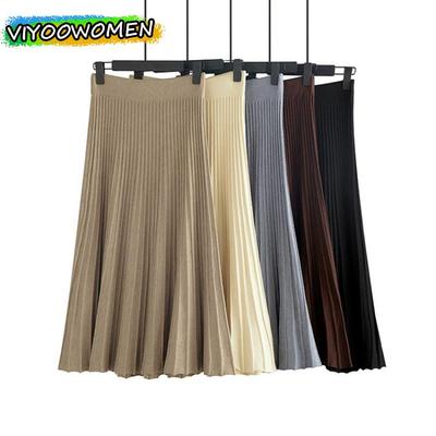 British A-Line Skirt Knitted Skirt Autumn and Winter Women's Pleated Drape One Step Big Swing Slim Combed Cotton Umbrella Skirt