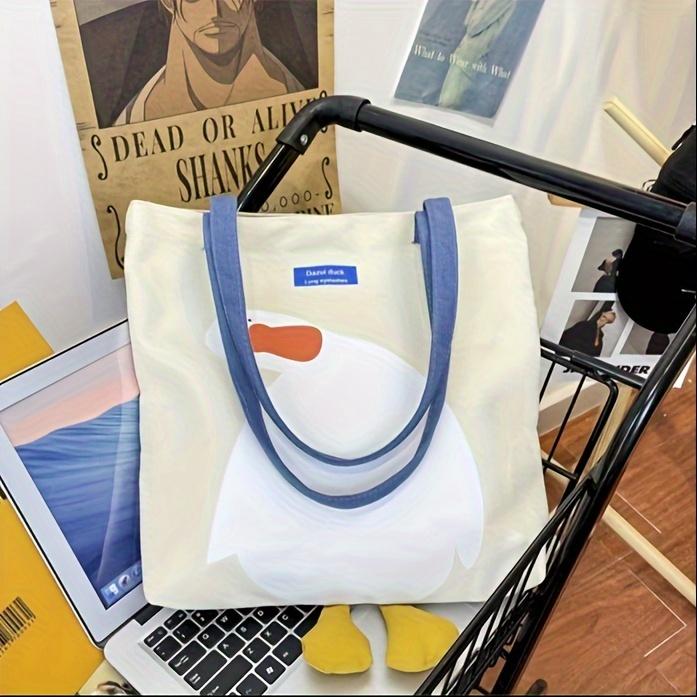 Large Capacity Shoulder Bag, Fun Duck Pattern Canvas Handbag, Suitable for School, Work, And Vacations