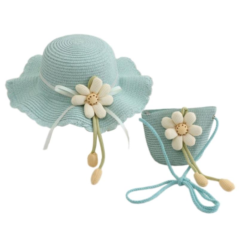 2Pieces Kids Summer Sun Hat And Bag Set Breathable Straw Braided Design For Beach Outdoor Activities
