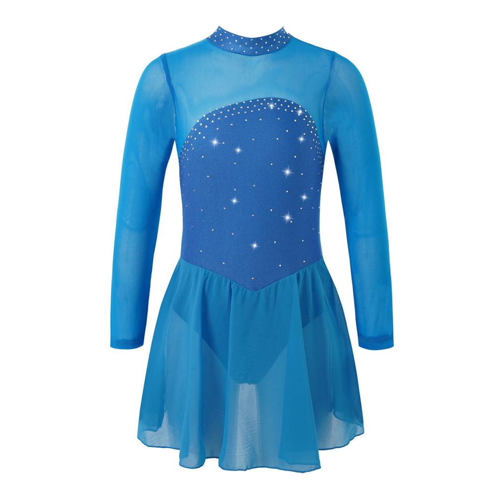 Pailletten Figur Eislaufen Roller Skating Tanz Kostüm Frauen Tüll Gymnastic Trikot Lange Ärmel Mesh Splice Ballett Dancewear