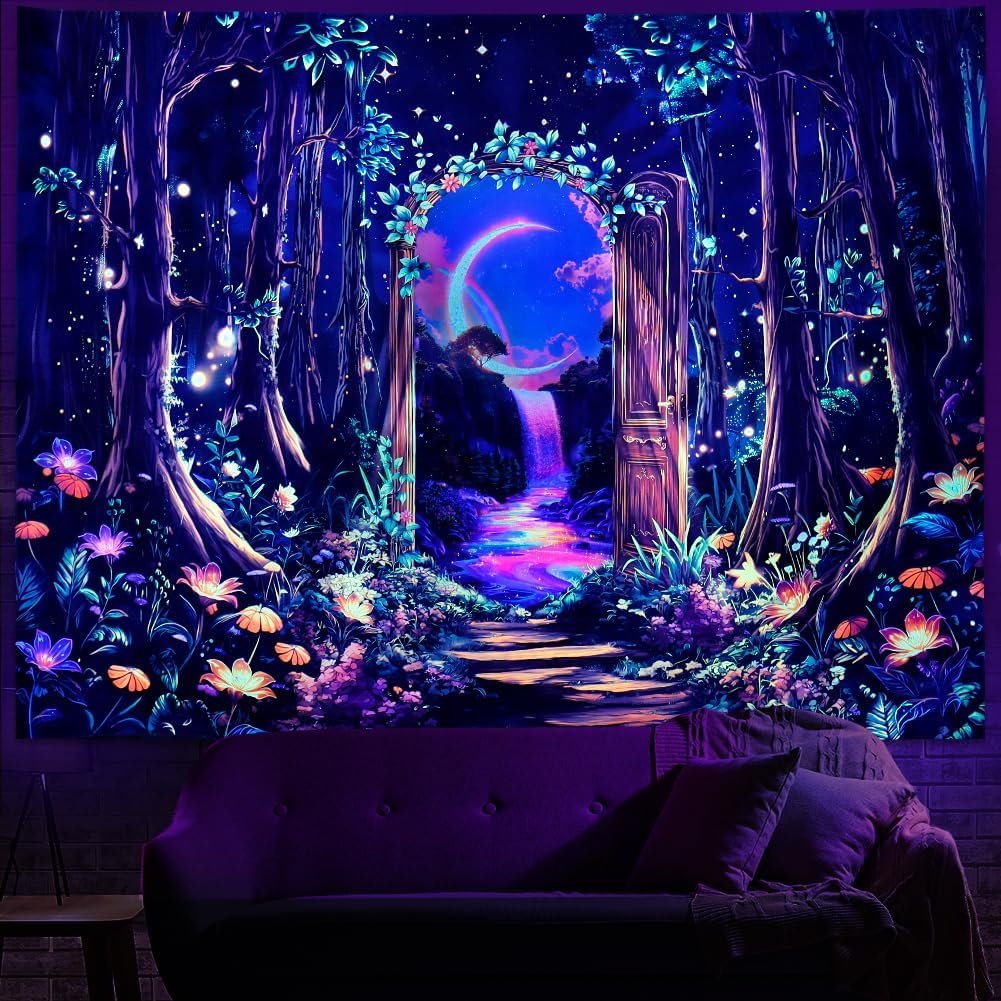 Heynvioo Blacklight Forest Tree Tapestry UV Reactive Moon Tapestry Trippy Galaxy Space Tapestries Fantasy Landscape Tapestries Aesthetic Plant Wall