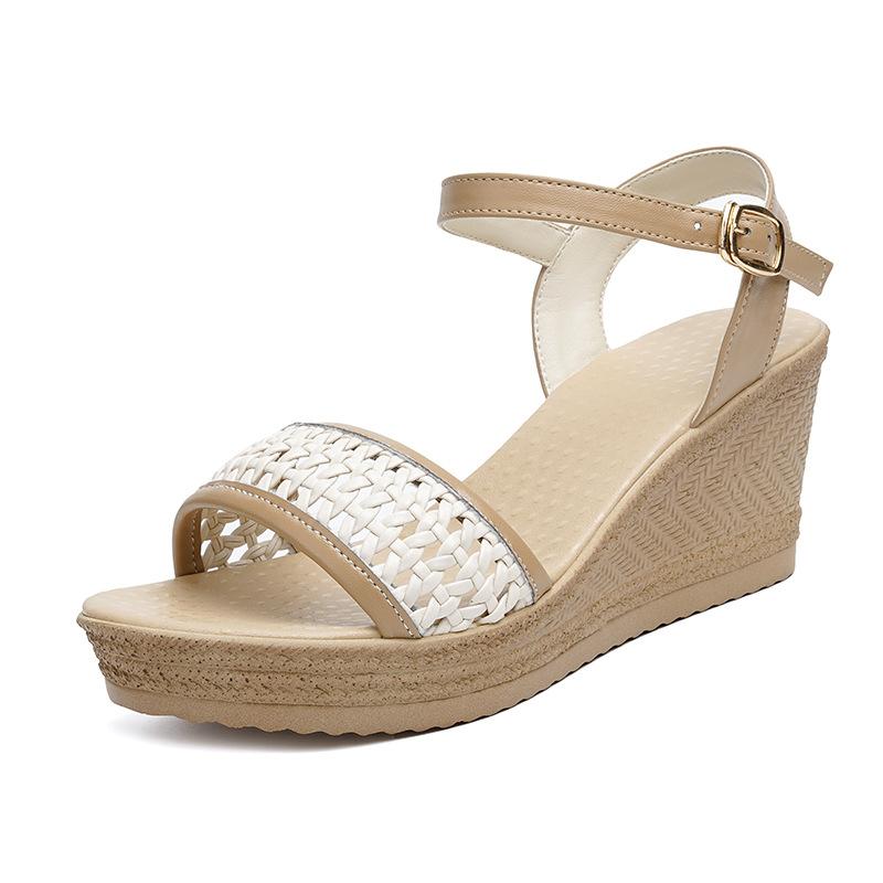 

7.5cm All Match Comfortable Cutout Knit Soft Leather Shoes Platform Wedges Sandals 2025 Summer Med Block Heels Sandals Office 41 бежевый