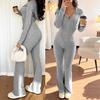 Damen 2-teilige Trainingsanzüge Reißverschluss Kapuzenpullover und Schlaghosen Gerippte Strick-Outfits Sexy Bodycon Workout-Trainingsanzüge