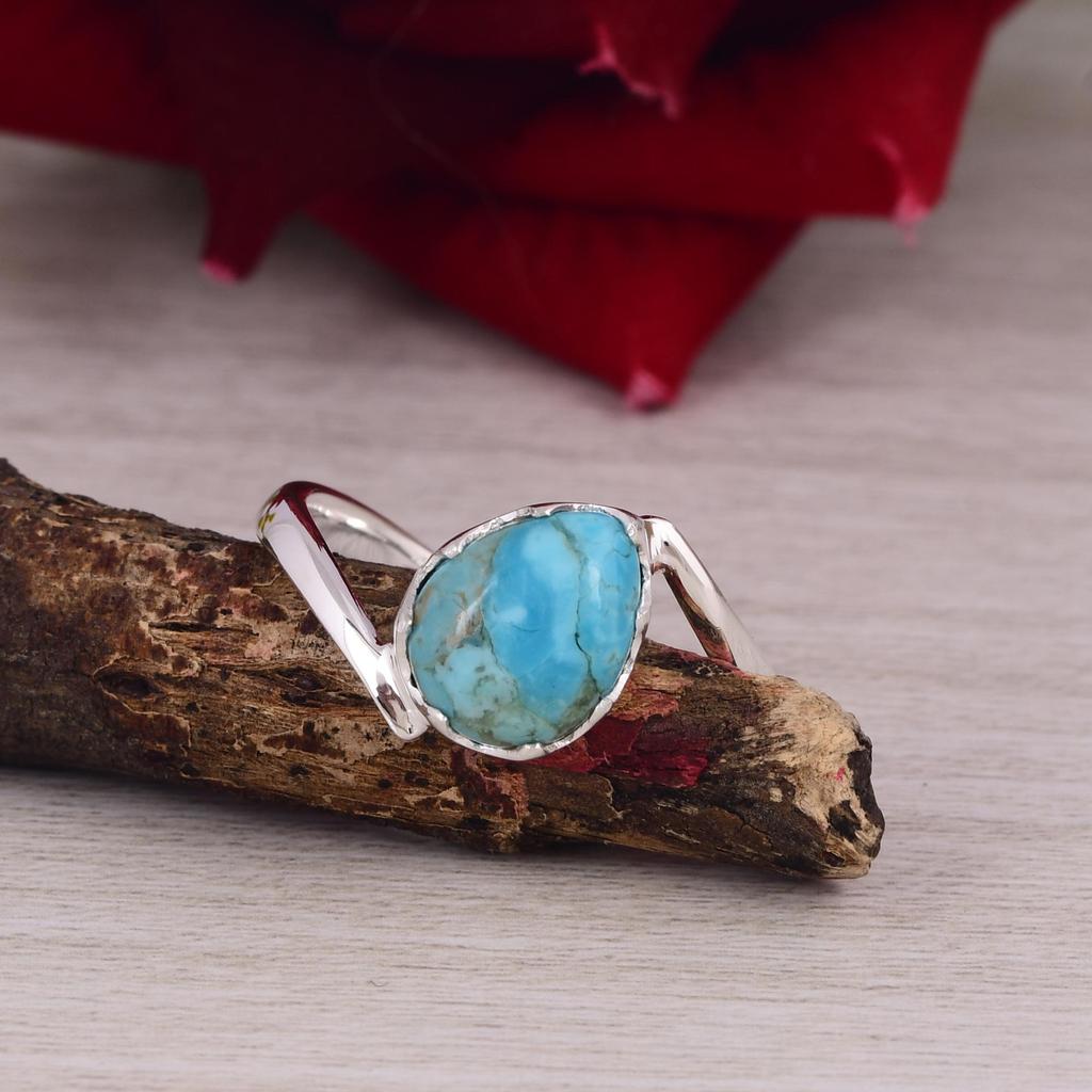 Handmade Turquoise Ring, Open Band Silver Ring, Heart Shape Gemstone Ring for Women