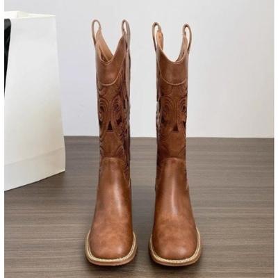 Nouvelles Bottes Western Vintage Brodées Creuses Femmes Automne Talons Épais Hauteur Genou Bottes de Cowboy Femme Bottes de Chevalier en Cuir