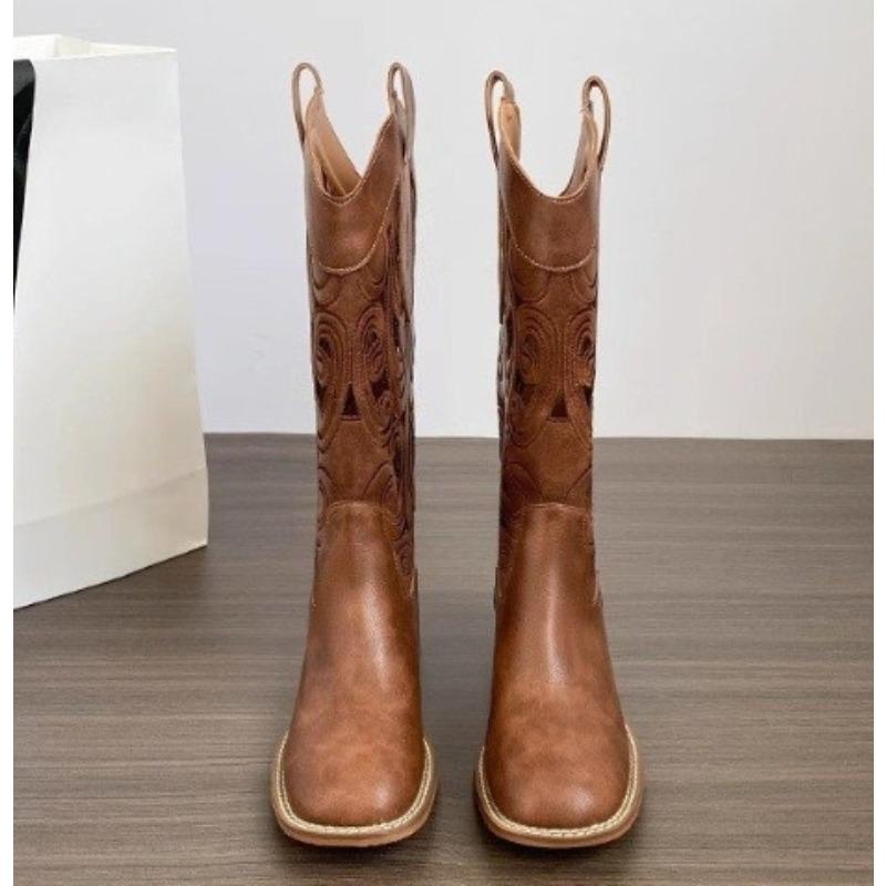 New Hollow Embroidered Vintage Western Boots Women Autumn Chunky Heels Knee High Cowboy Boots Woman Leather Knight Boots