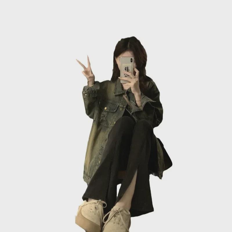 Women's Retro Distressed Ripped Denim Jacket - New 2024 Korean Style, Loose Long-Sleeve for Spring & Autumn