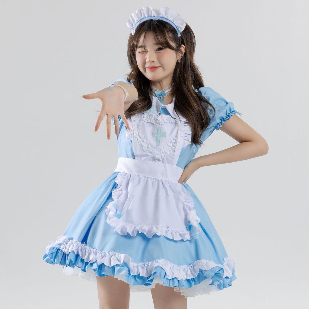 Japanese Classic Anime Maid Dress Cross Nurse Cosplay Maid Restaurant Uniform Pink White Dress Woman