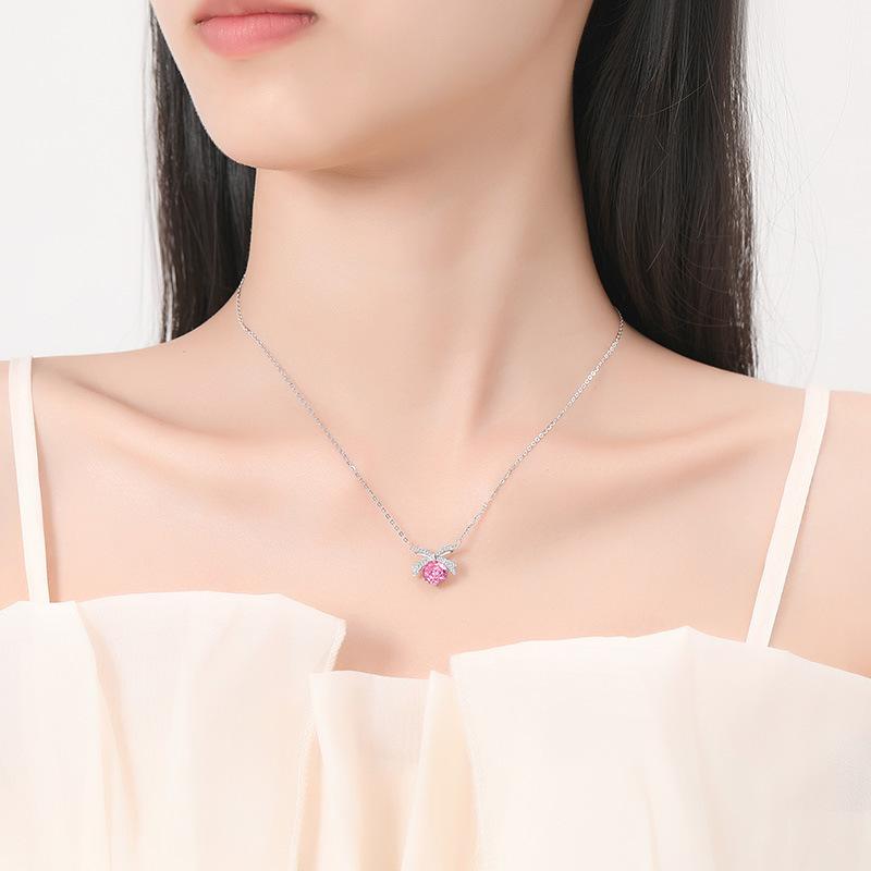 Bow Necklace Women'S Light Luxury Niche Design Butterfly Dream Collarbone Chain Pink Zircon Princess Knot Neck Chain Quality